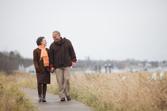 Older couple walking on park boardwalk