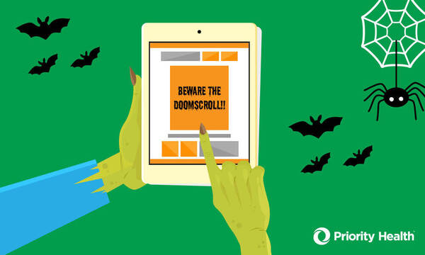 Illustration of a hand scrolling on an ipad