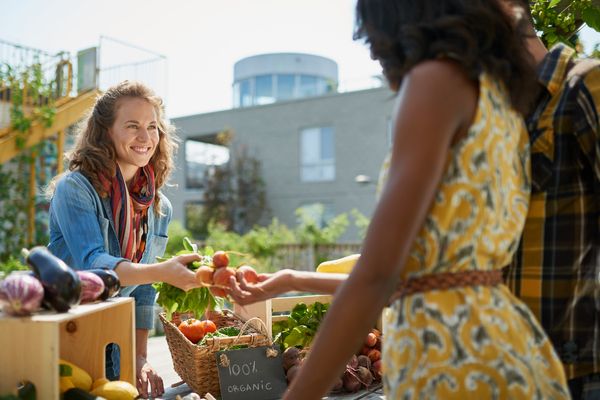 Woman buying organic produce from city farm market