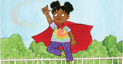 drawing of girl with cape on trampoline