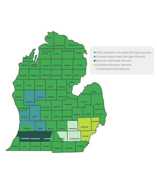 lower Michigan map of MyPriority narrow network plan coverage including corewell, bronson, southsast michigan and trinity health networks.