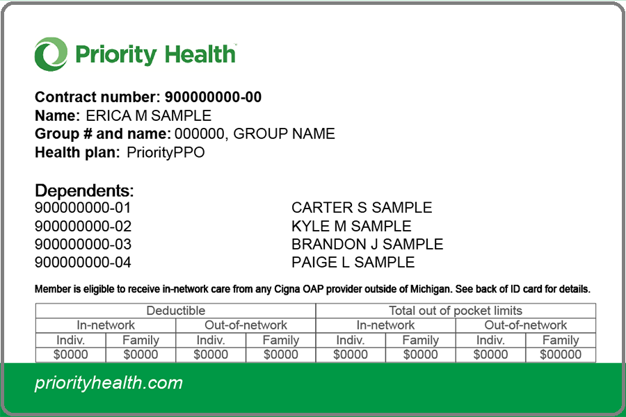 Priority Health members living in Michigan member ID card front