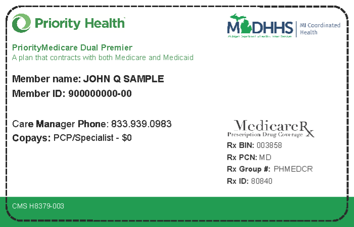 Sample member ID card for PriorityMedicare Dual Premier.