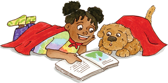 drawing of girl and priority pup with book