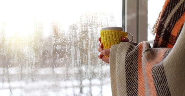 Woman looking out the window in the morning while holding a warm drink in her coffee cup