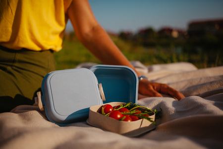 closeup of fresh tomatoes in a tiny cooler on a picnic blanket outside