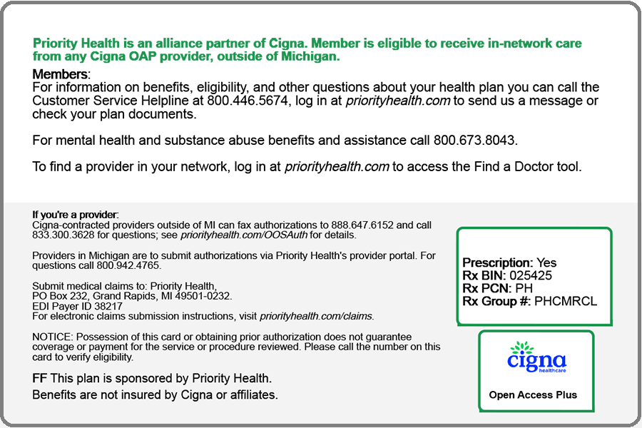 Priority Health members living outside of Michigan member ID card back