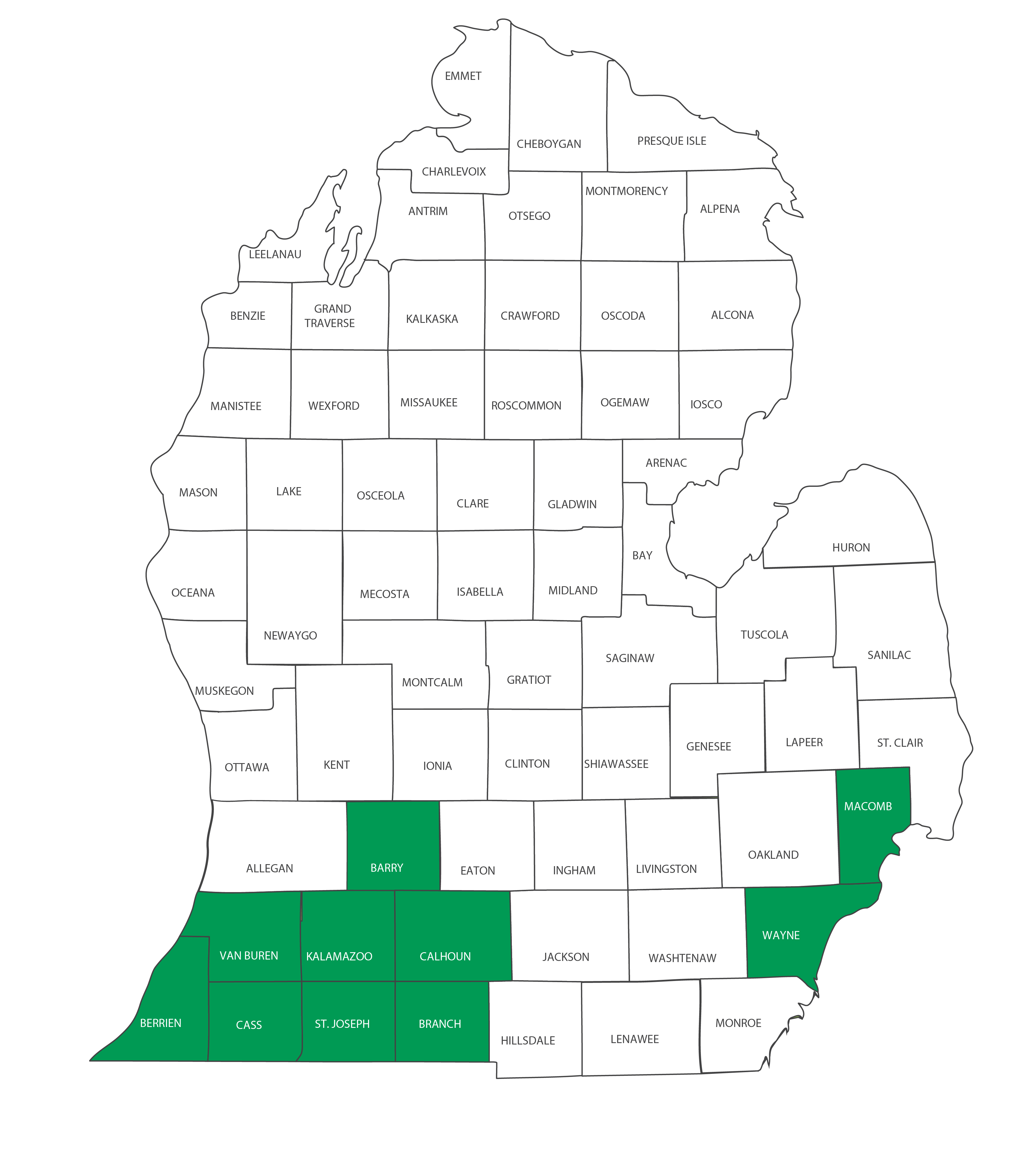 Map of Michigan with 10 counties highlighted.