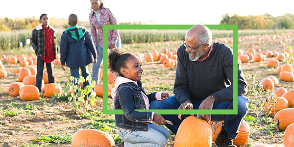 Family in pumpkin patch with green frame
