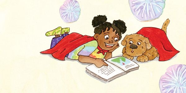 Girl with dog looking at book