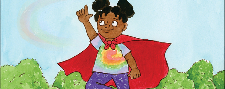 drawing of girl with cape on trampoline