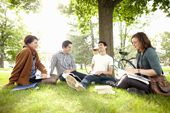 Students sitting and reading on the grass