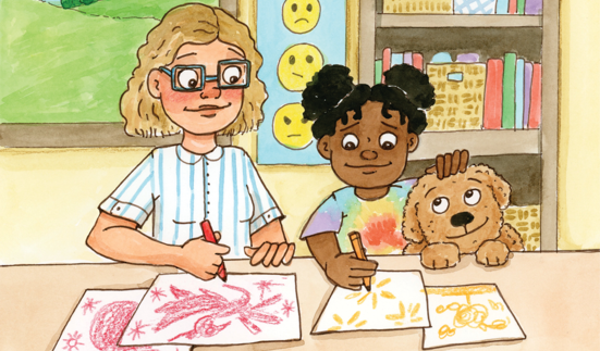 drawing of girl and priority pup with teacher