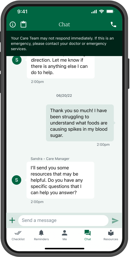 iPhone mockup of the chat feature in the PriorityReach app