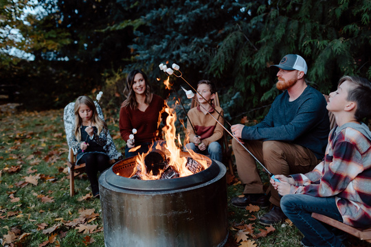 Family roasting marshmallows over backyard bonfire
